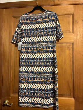 Navy and White Geometric Midi Dress with Orange Accents - Unbranded